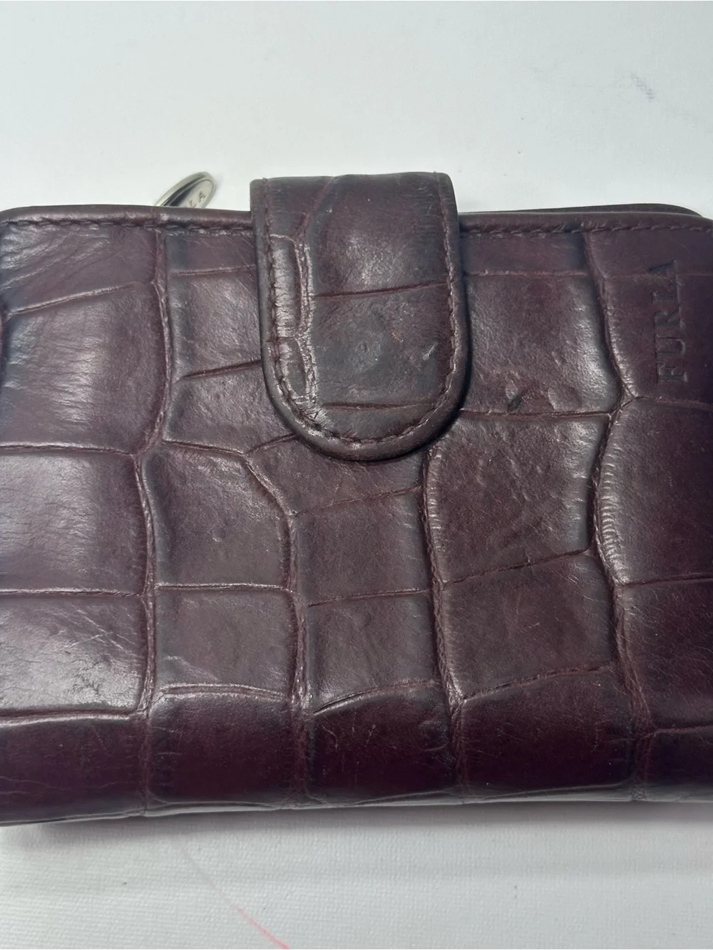 Furla Vintage Brown Croc Embossed Leather Small Bifold Wallet Snap Zip